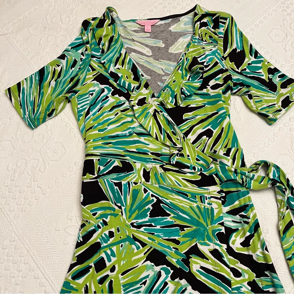 Lilly Pulitzer Wrap Dress Green Ruffle Necklace Women’s S - Picture 2 of 6
